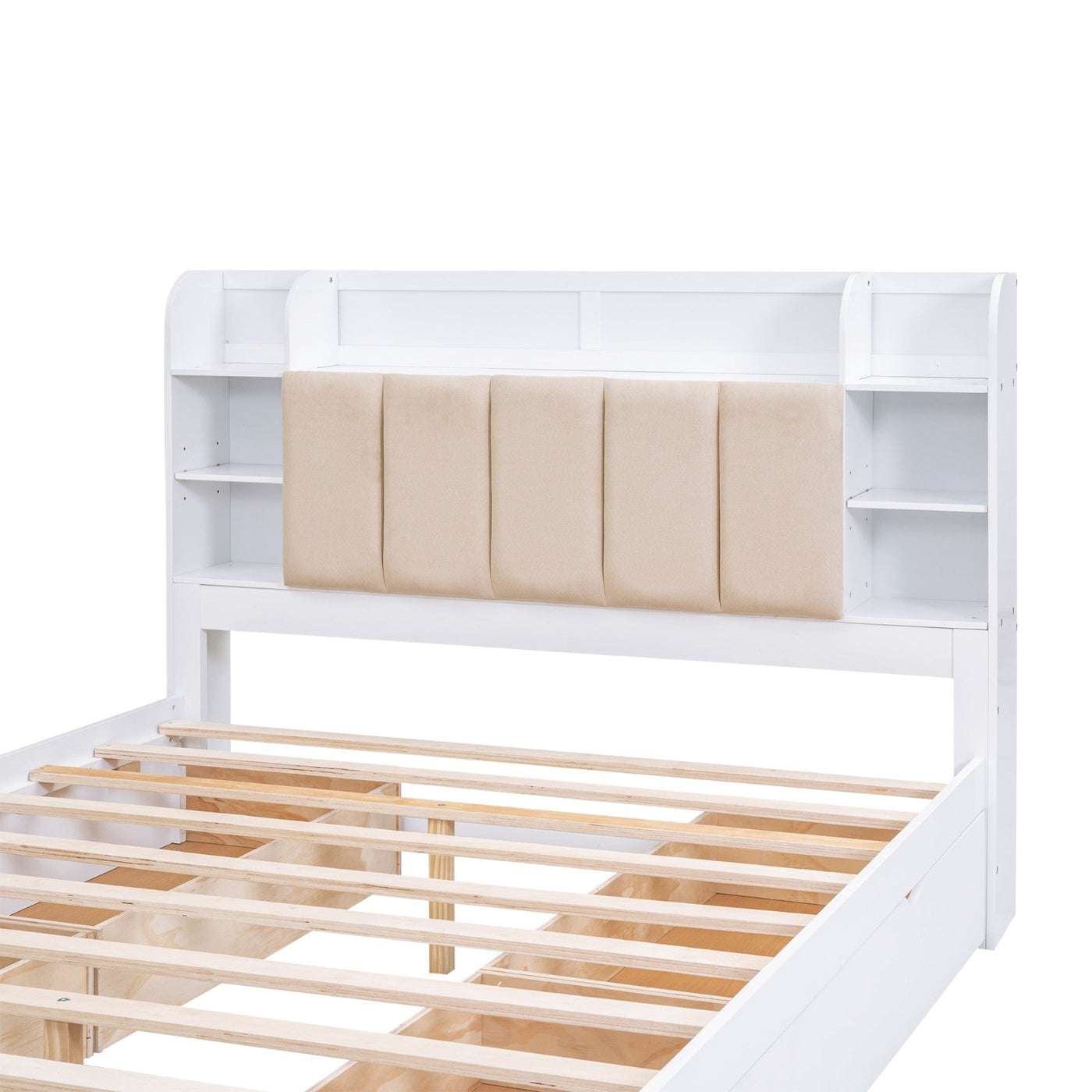 Queen Size Platform Bed With Storage Shelves And Four Drawers