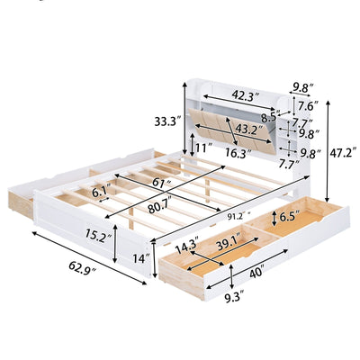 Queen Size Platform Bed With Storage Shelves And Four Drawers