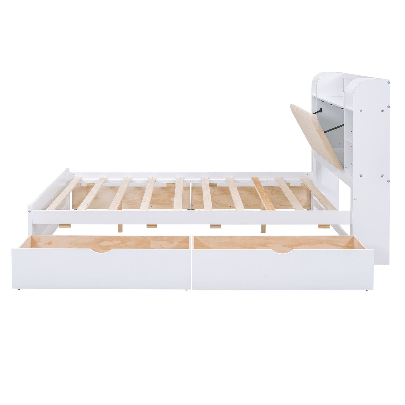 Queen Size Platform Bed With Storage Shelves And Four Drawers