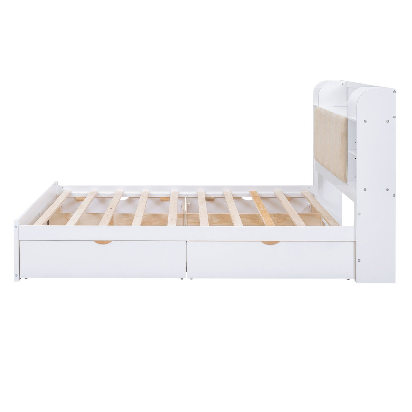 Queen Size Platform Bed With Storage Shelves And Four Drawers