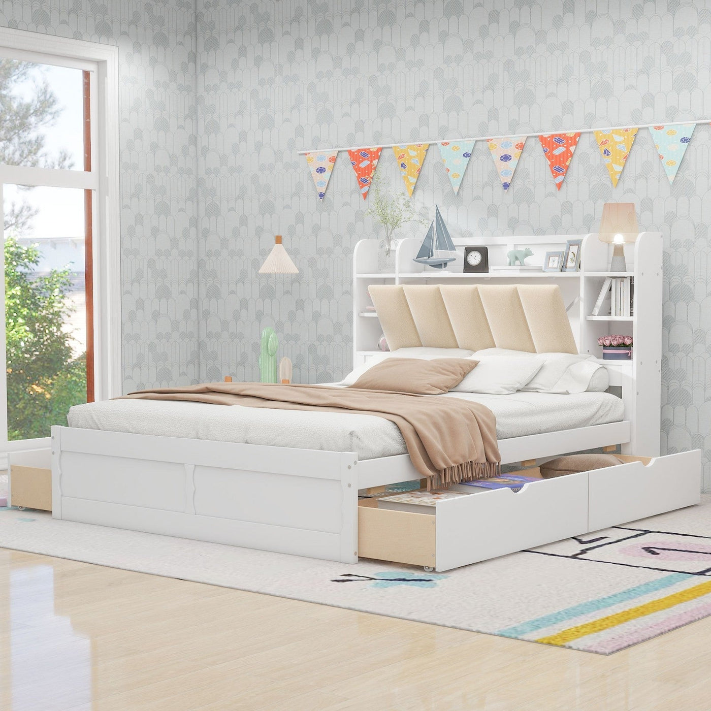 Queen Size Platform Bed With Storage Shelves And Four Drawers
