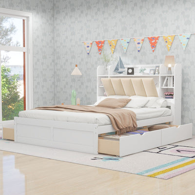 Queen Size Platform Bed With Storage Shelves And Four Drawers
