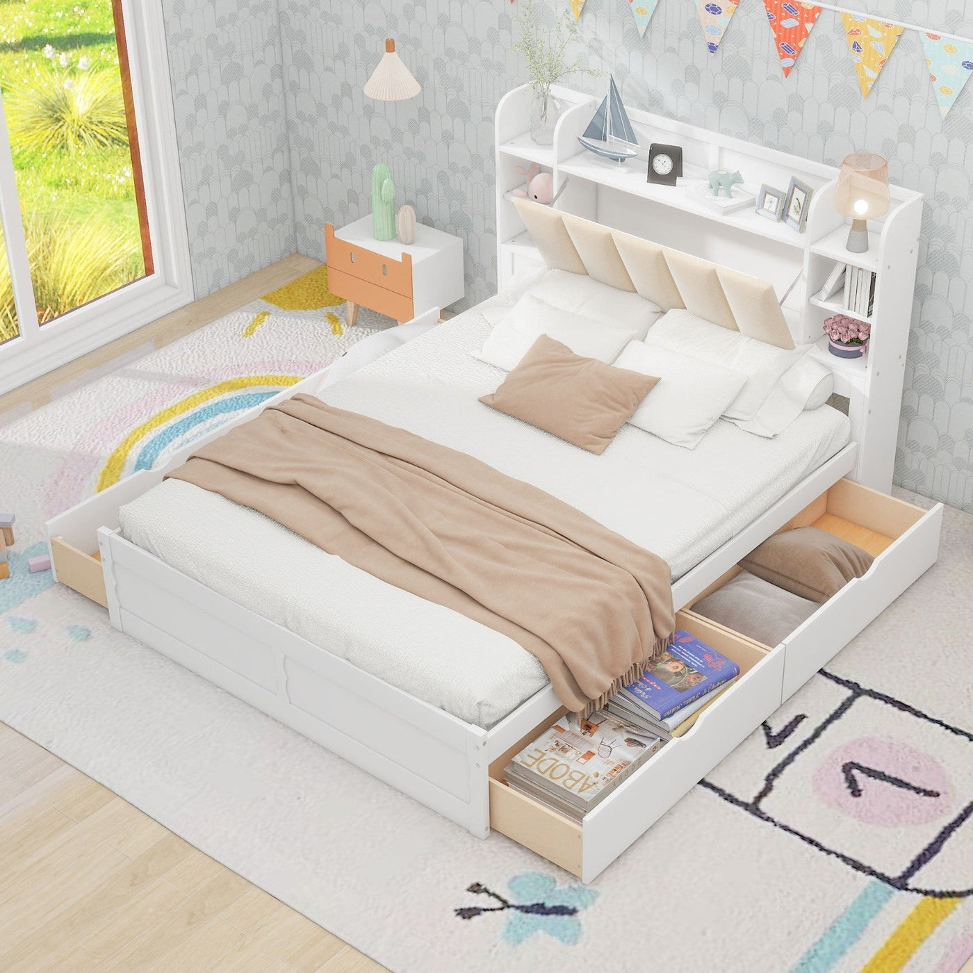 Queen Size Platform Bed With Storage Shelves And Four Drawers