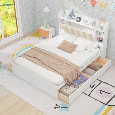 Queen Size Platform Bed With Storage Shelves And Four Drawers