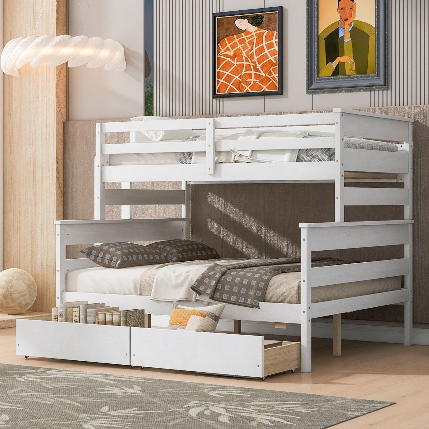 Wood Twin Over Full Bunk Bed With Storage Drawers