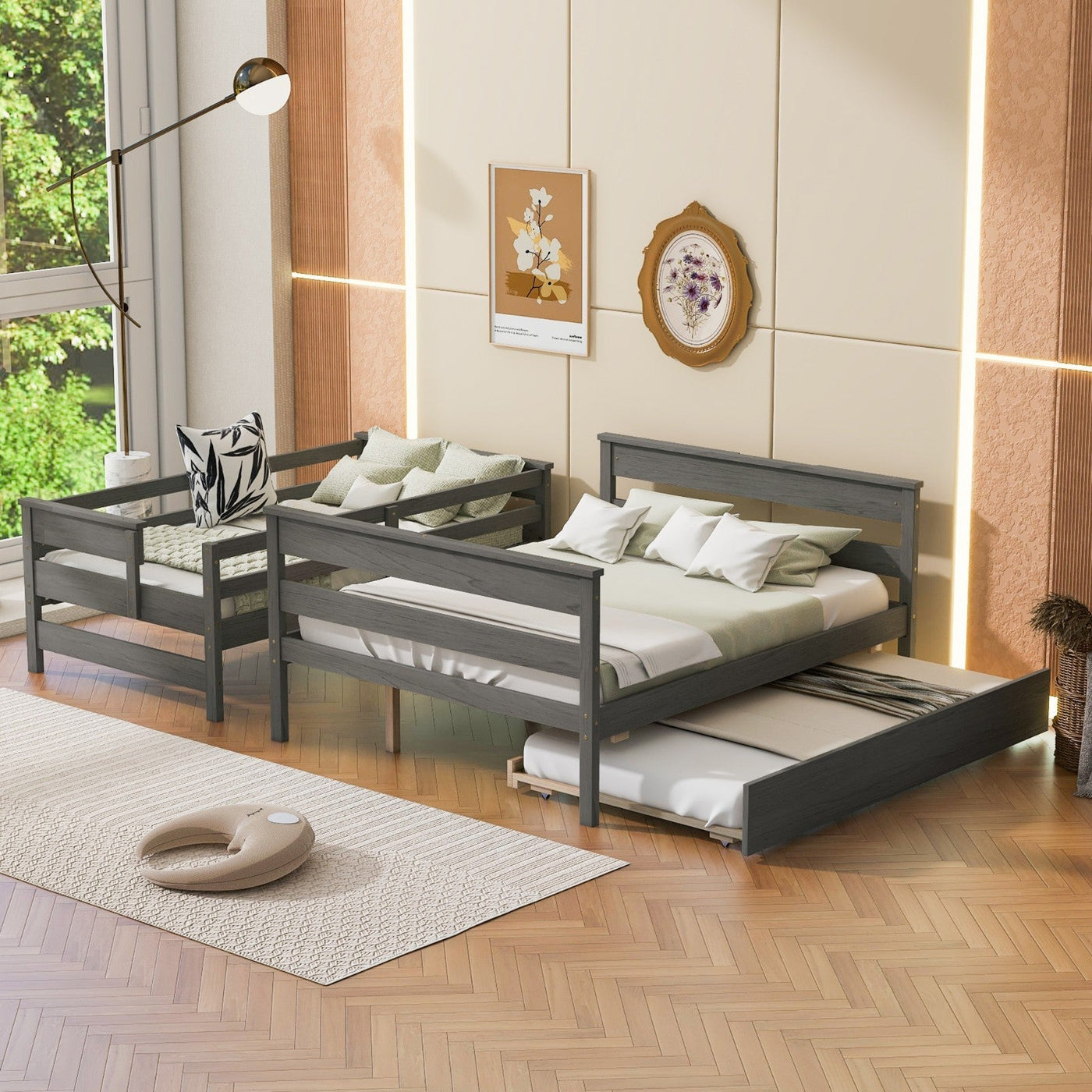 Wood Twin Over Full Bunk Bed With Twin Size Trundle Storage