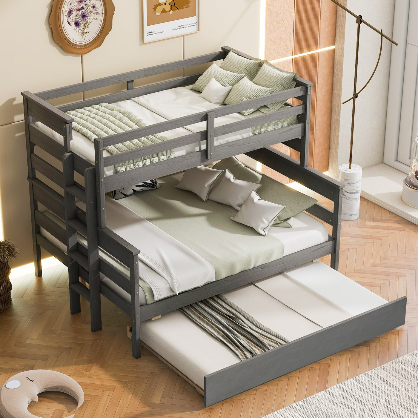Wood Twin Over Full Bunk Bed With Twin Size Trundle Storage
