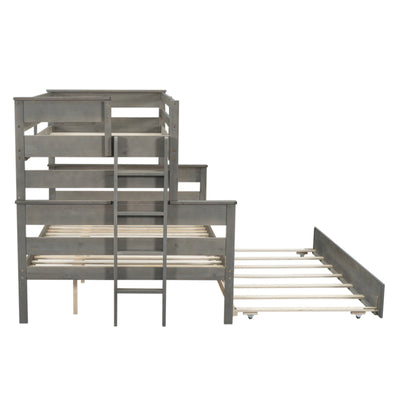 Wood Twin Over Full Bunk Bed With Twin Size Trundle Storage