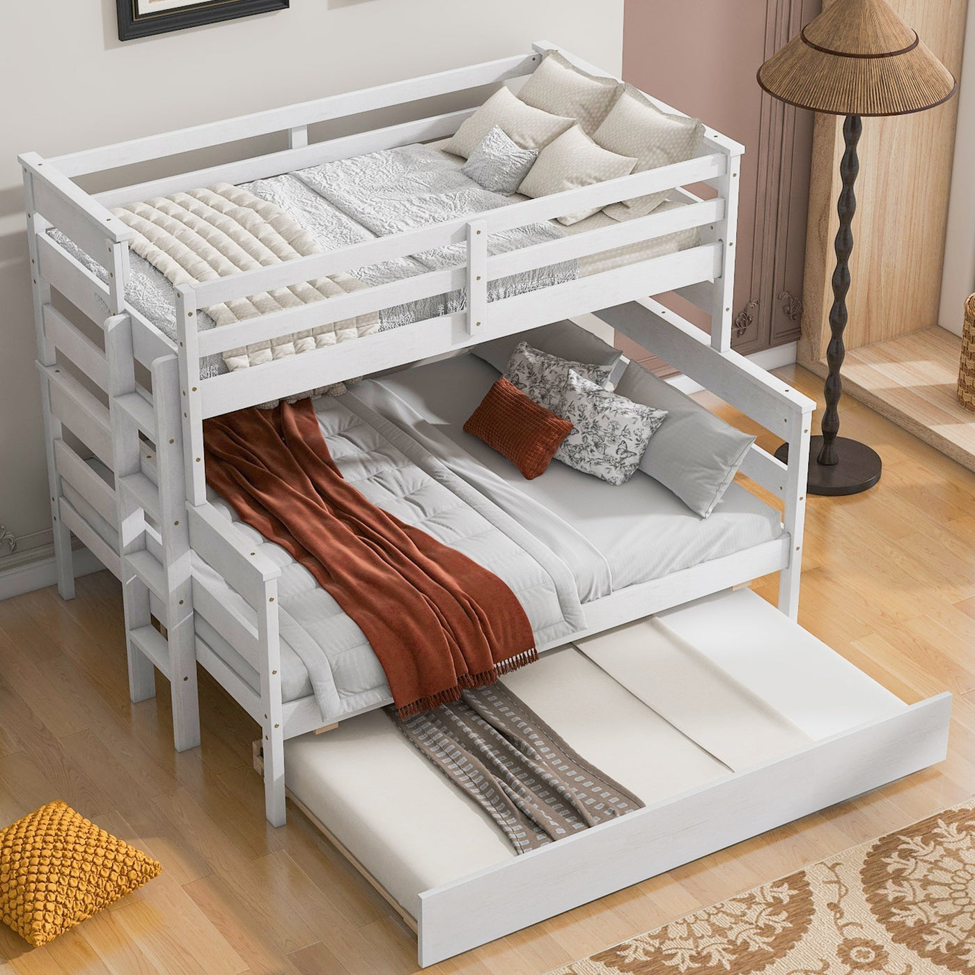 Wood Twin Over Full Bunk Bed With Twin Size Trundle Storage