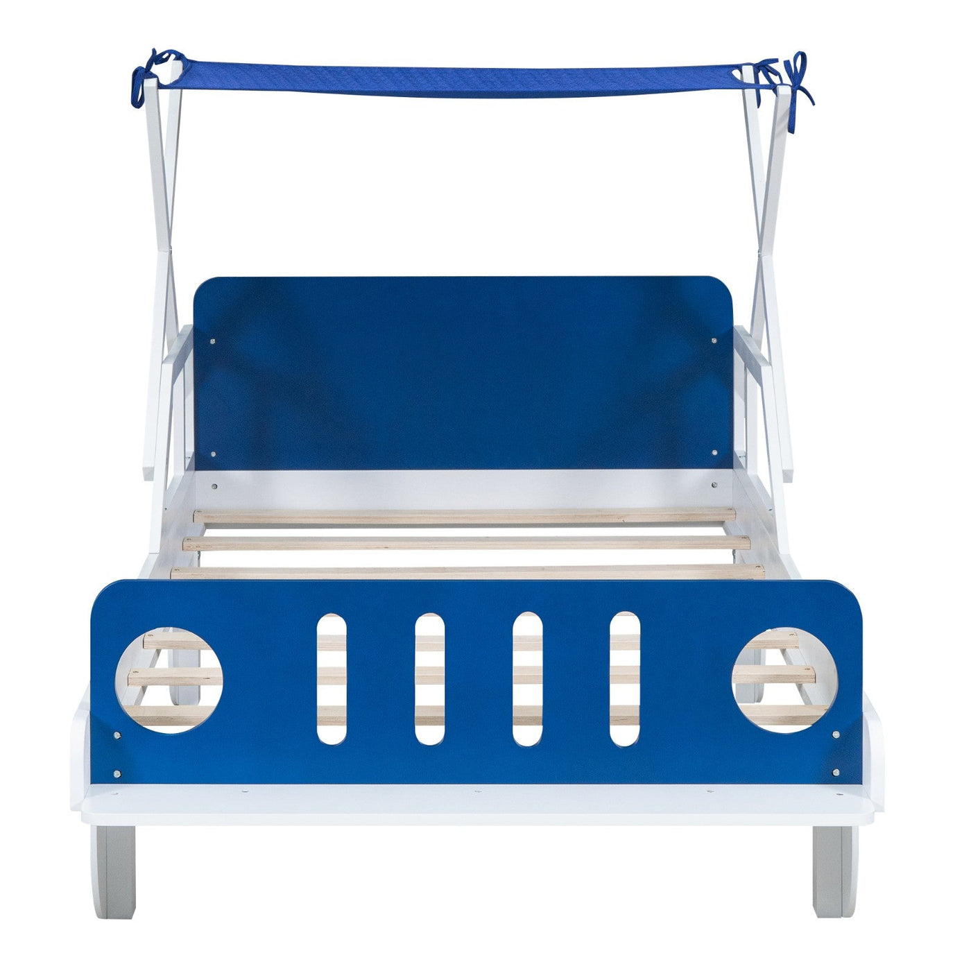 Wood Twin Size Car Bed With Ceiling Cloth Headboard Footboard