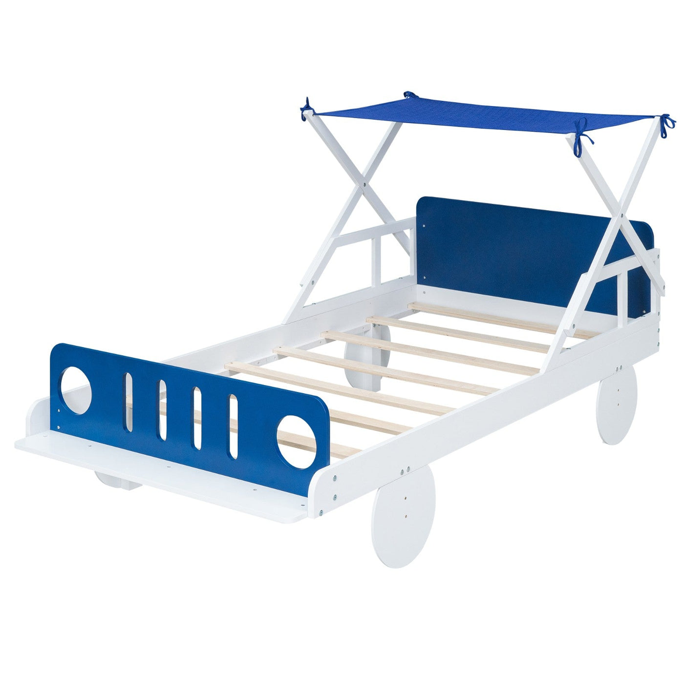 Wood Twin Size Car Bed With Ceiling Cloth Headboard Footboard
