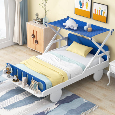 Wood Twin Size Car Bed With Ceiling Cloth Headboard Footboard
