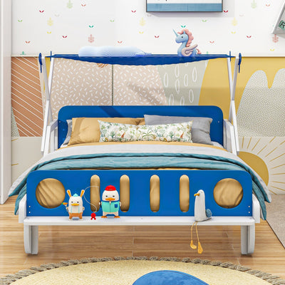Wood Twin Size Car Bed With Ceiling Cloth Headboard Footboard