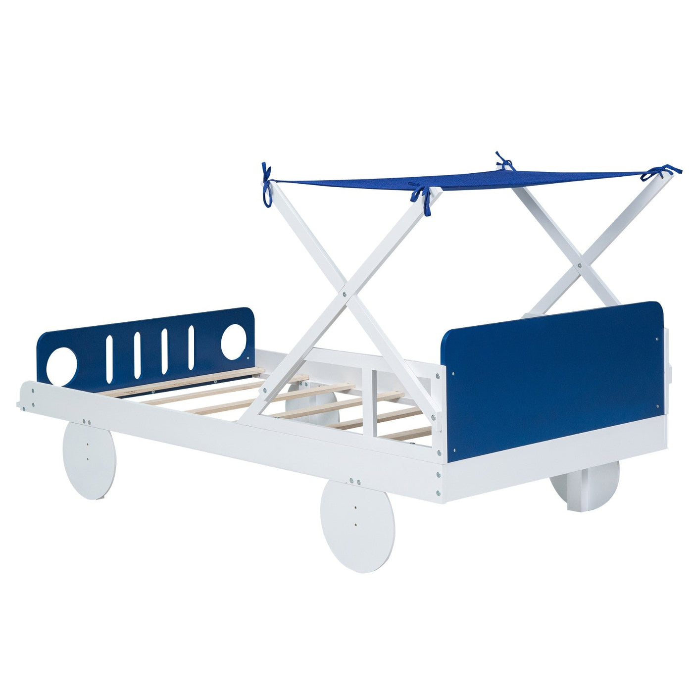 Wood Twin Size Car Bed With Ceiling Cloth Headboard Footboard