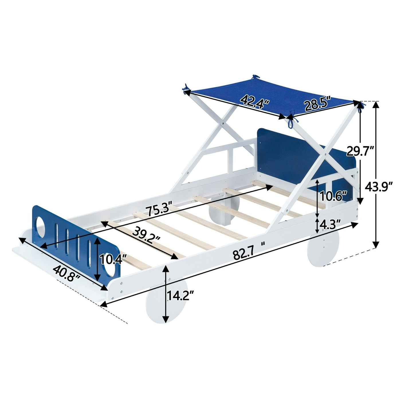 Wood Twin Size Car Bed With Ceiling Cloth Headboard Footboard