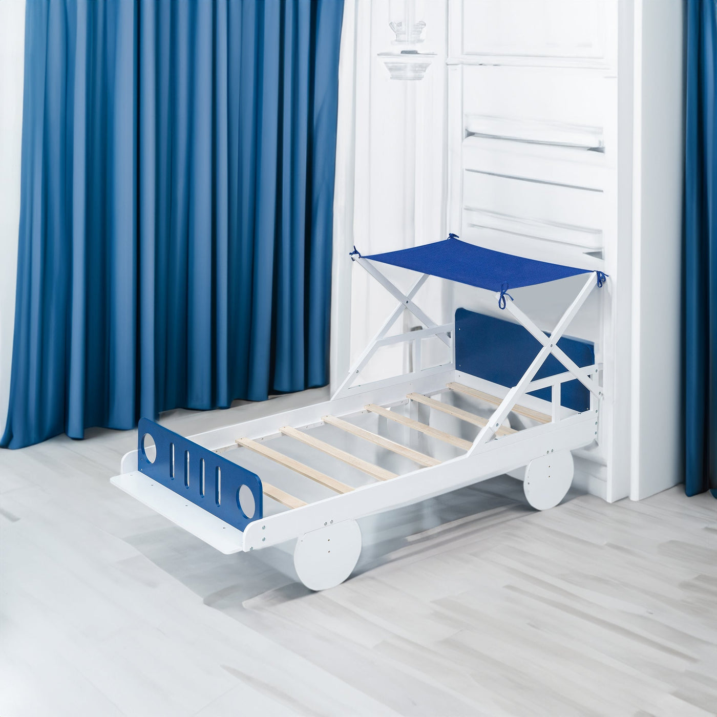 Wood Twin Size Car Bed With Ceiling Cloth Headboard Footboard