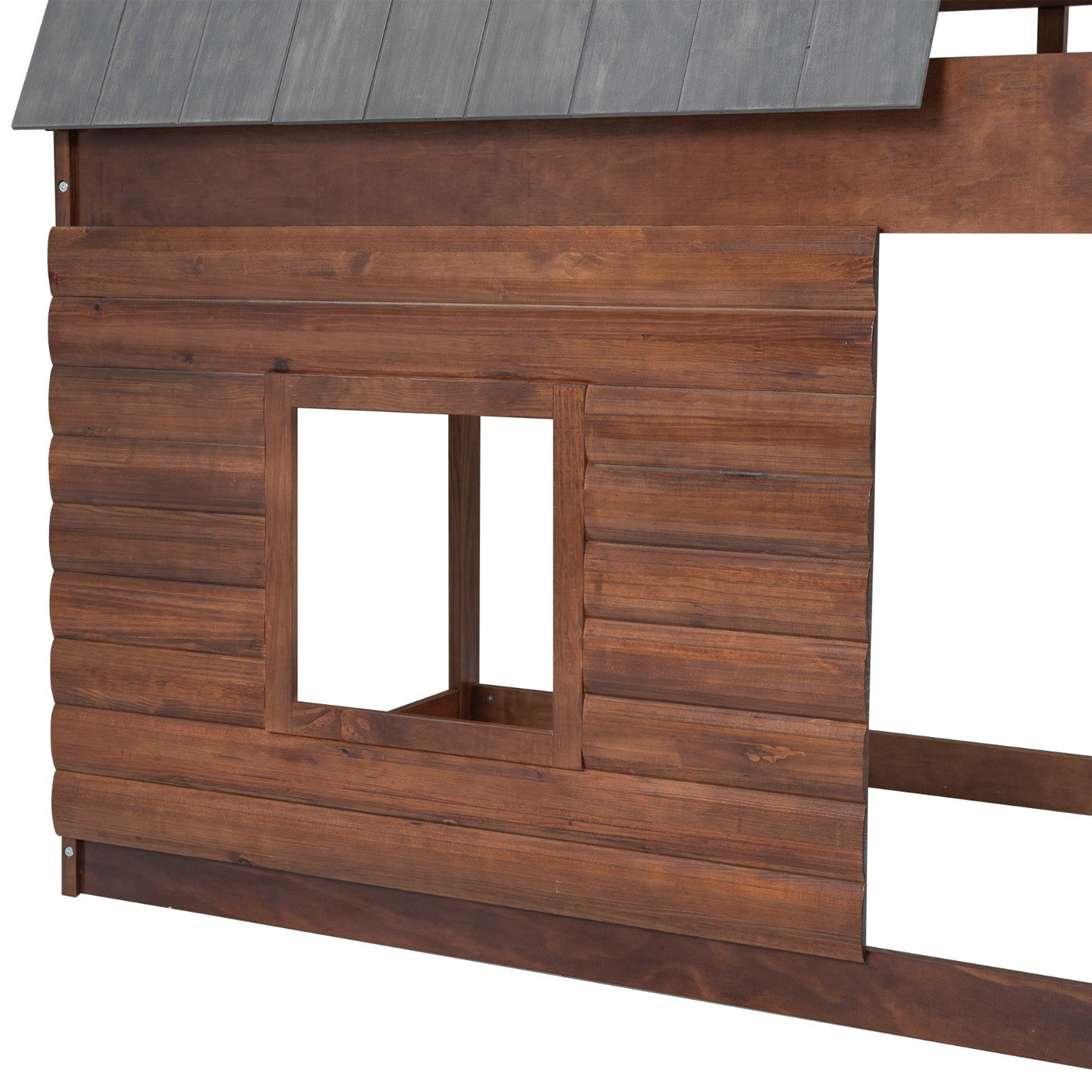 Wood Twin Size House Bunk Bed With Roof Ladder And Windows