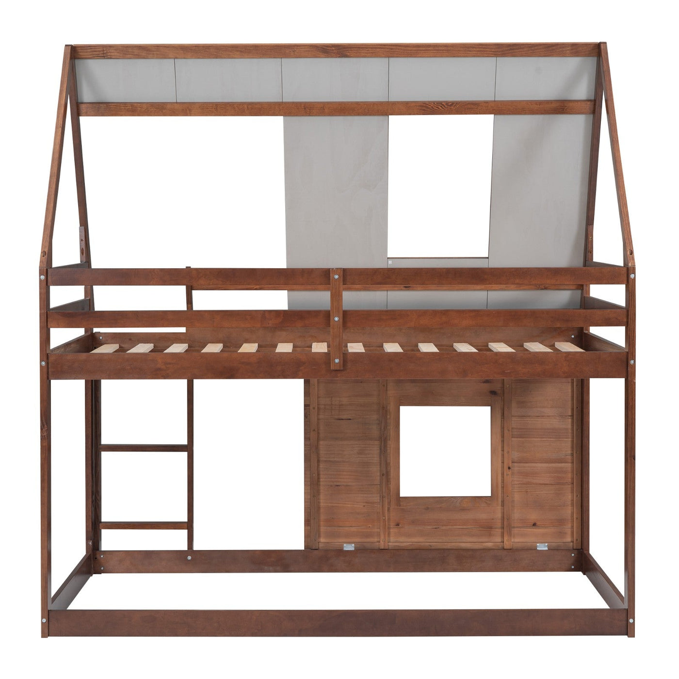 Wood Twin Size House Bunk Bed With Roof Ladder And Windows