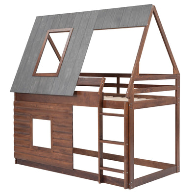 Wood Twin Size House Bunk Bed With Roof Ladder And Windows