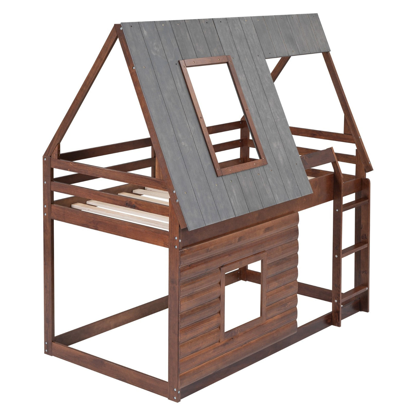 Wood Twin Size House Bunk Bed With Roof Ladder And Windows