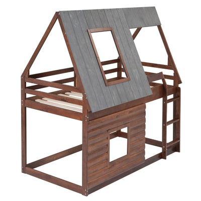 Wood Twin Size House Bunk Bed With Roof Ladder And Windows