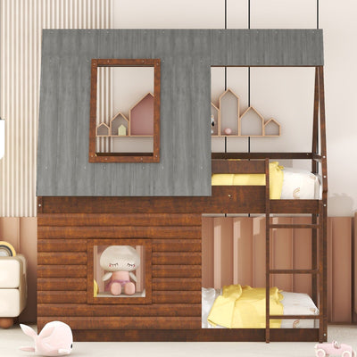 Wood Twin Size House Bunk Bed With Roof Ladder And Windows