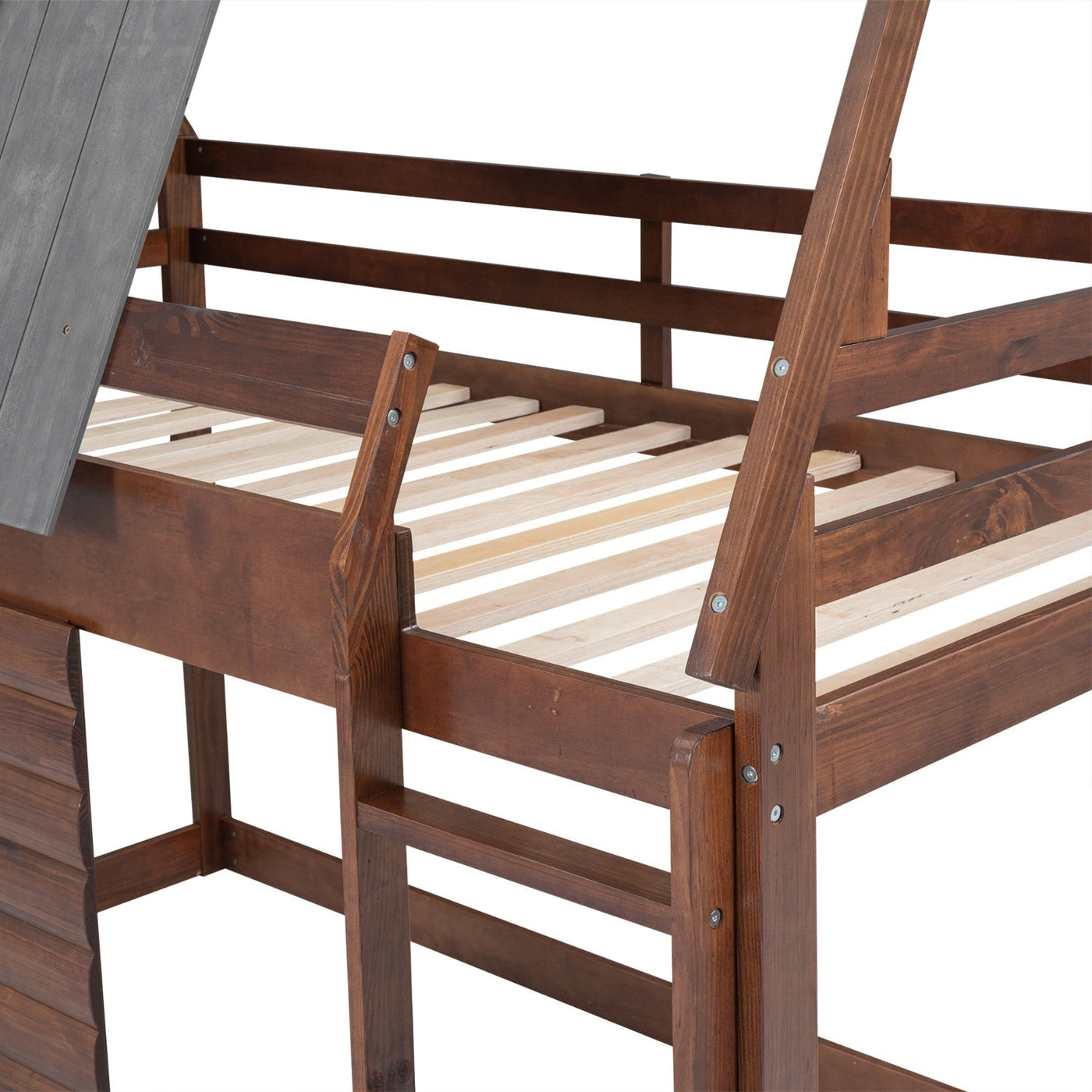 Wood Twin Size House Bunk Bed With Roof Ladder And Windows