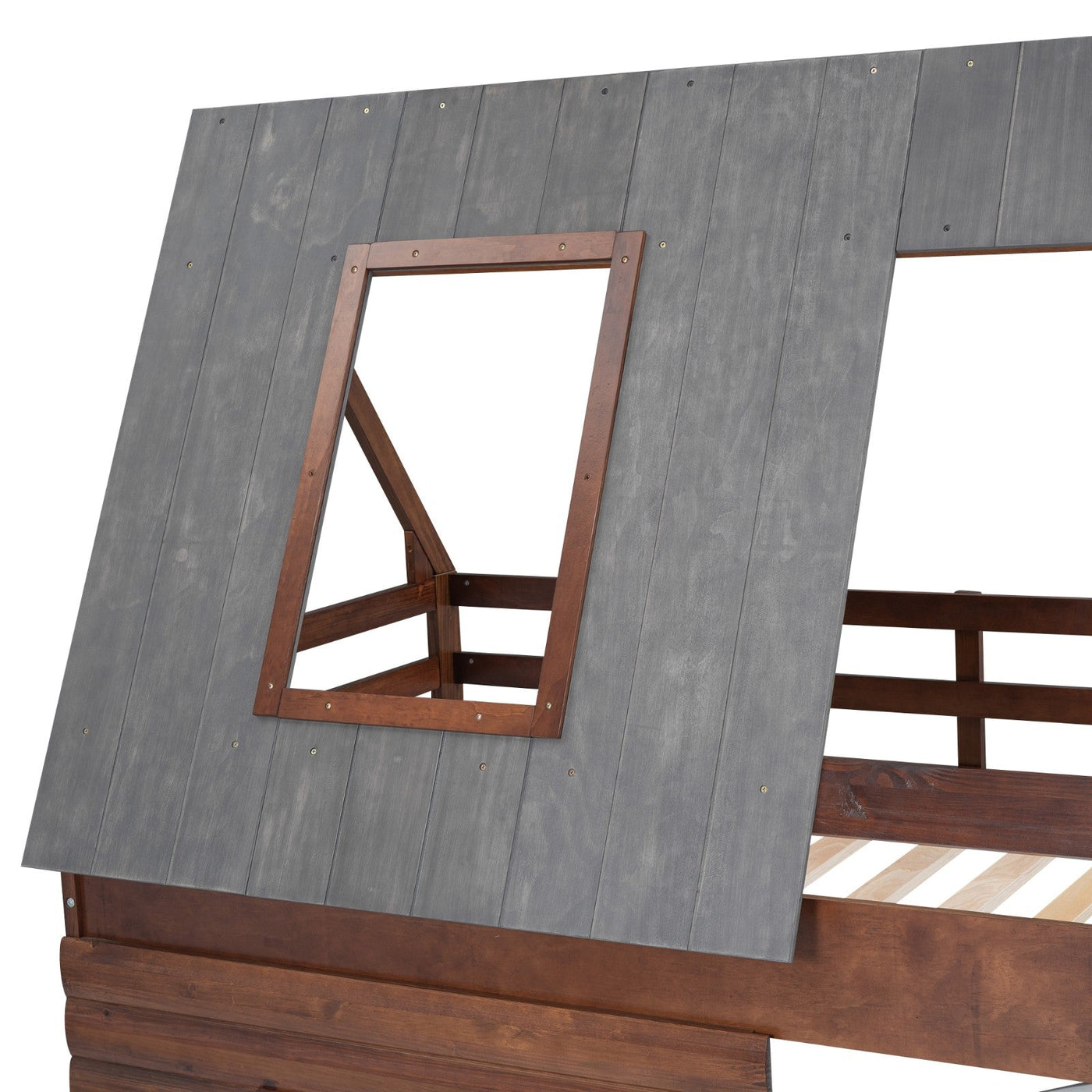 Wood Twin Size House Bunk Bed With Roof Ladder And Windows