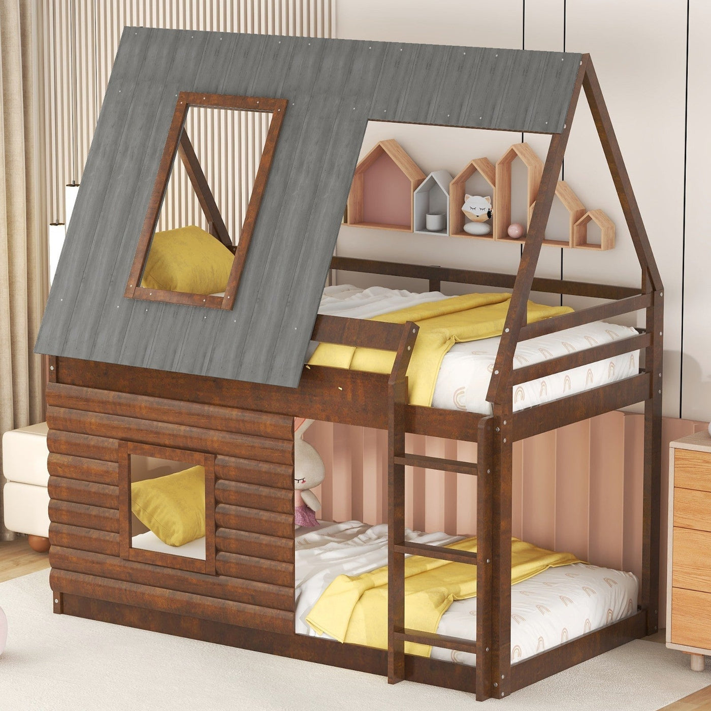 Wood Twin Size House Bunk Bed With Roof Ladder And Windows