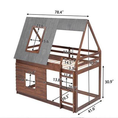 Wood Twin Size House Bunk Bed With Roof Ladder And Windows