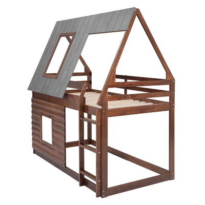 Wood Twin Size House Bunk Bed With Roof Ladder And Windows