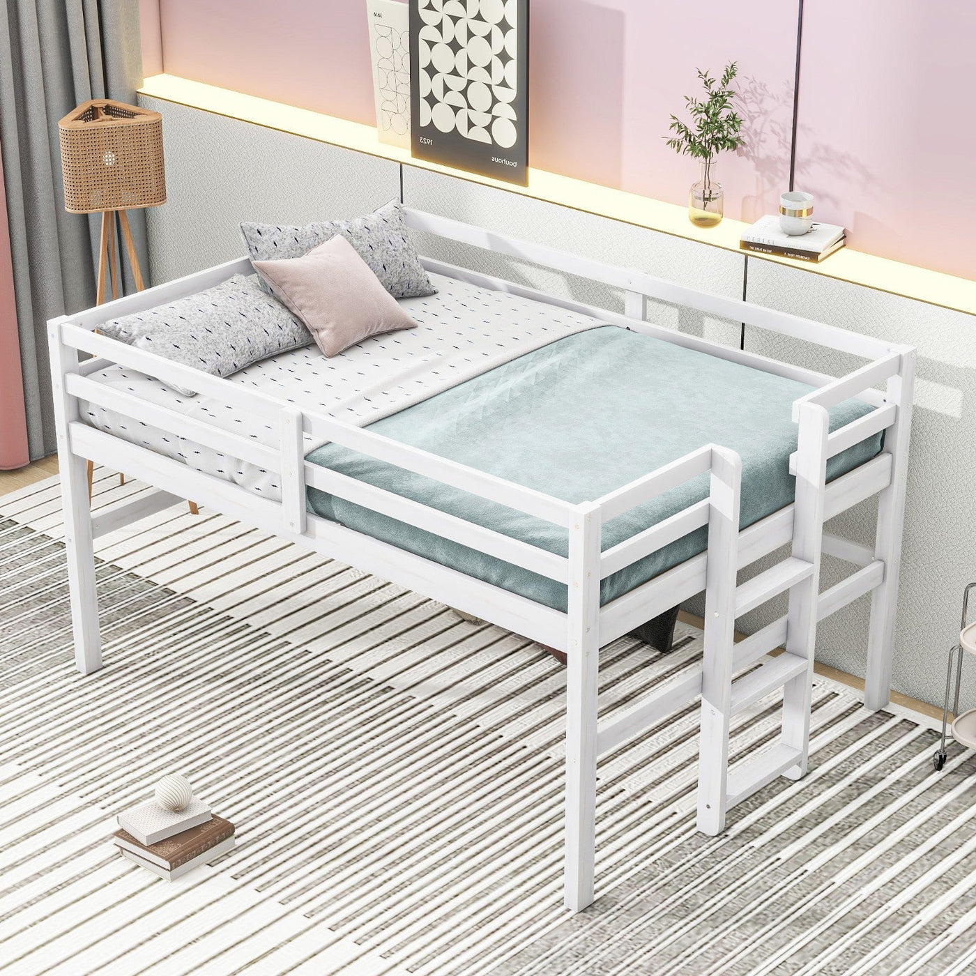 Wood Twin Size Loft Bed With Sturdy Side Ladder