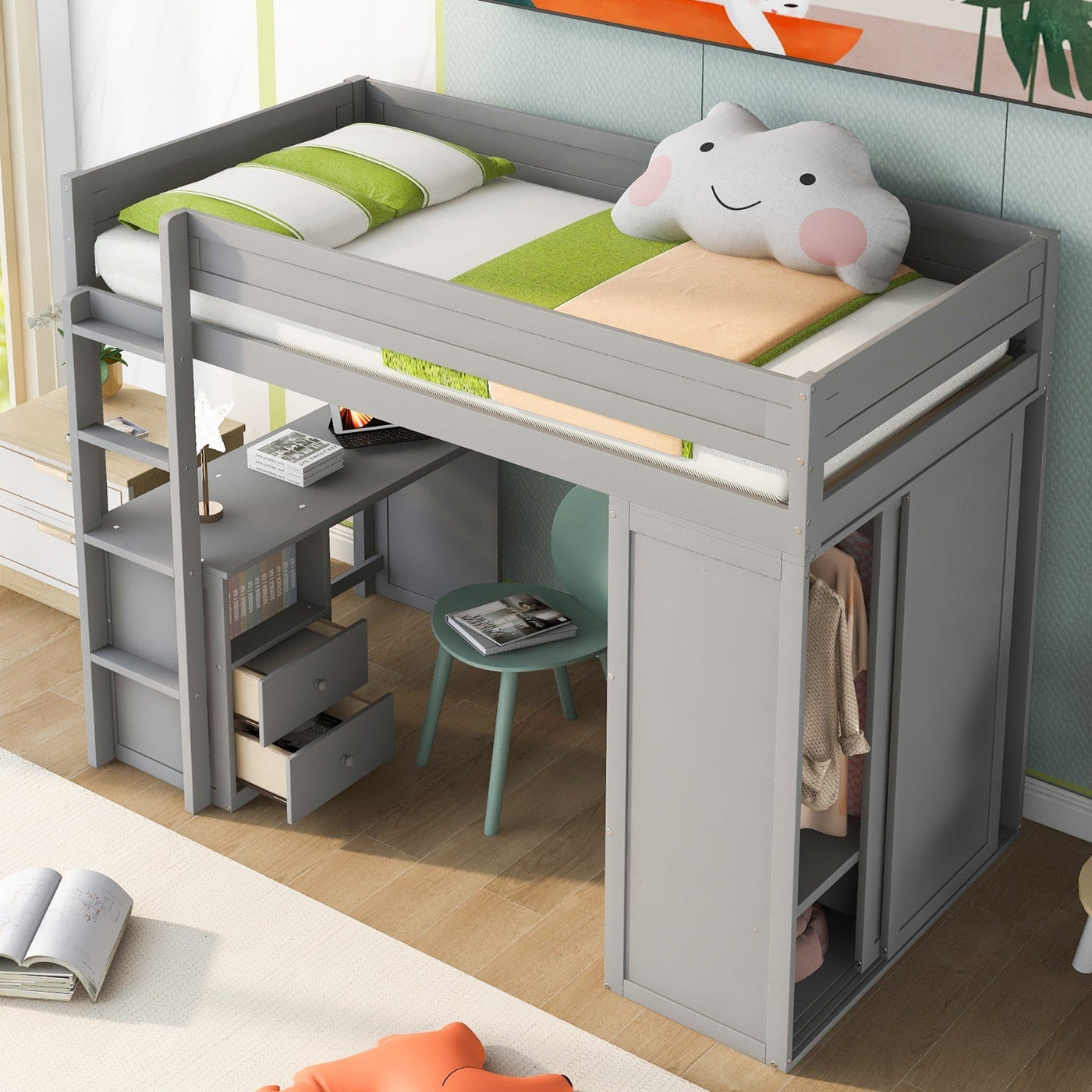 Wood Twin Size Loft Bed With Wardrobes And Desk Cabinet Storage