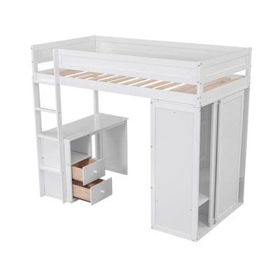 Wood Twin Size Loft Bed With Wardrobes And Desk Cabinet Storage