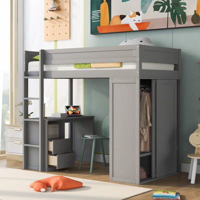 Wood Twin Size Loft Bed With Wardrobes And Desk Cabinet Storage
