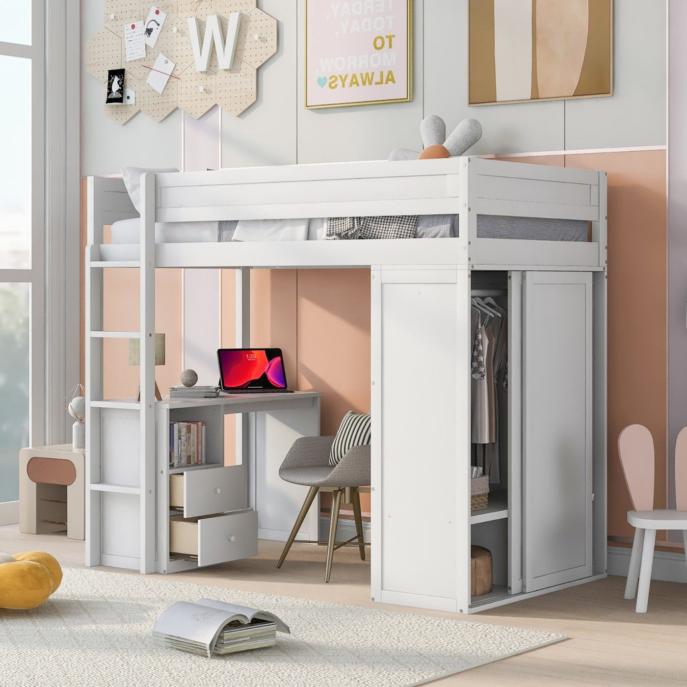 Wood Twin Size Loft Bed With Wardrobes And Desk Cabinet Storage