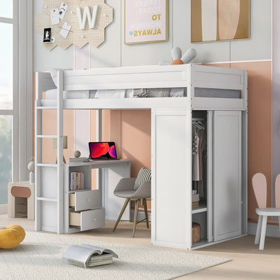 Wood Twin Size Loft Bed With Wardrobes And Desk Cabinet Storage