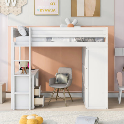 Wood Twin Size Loft Bed With Wardrobes And Desk Cabinet Storage