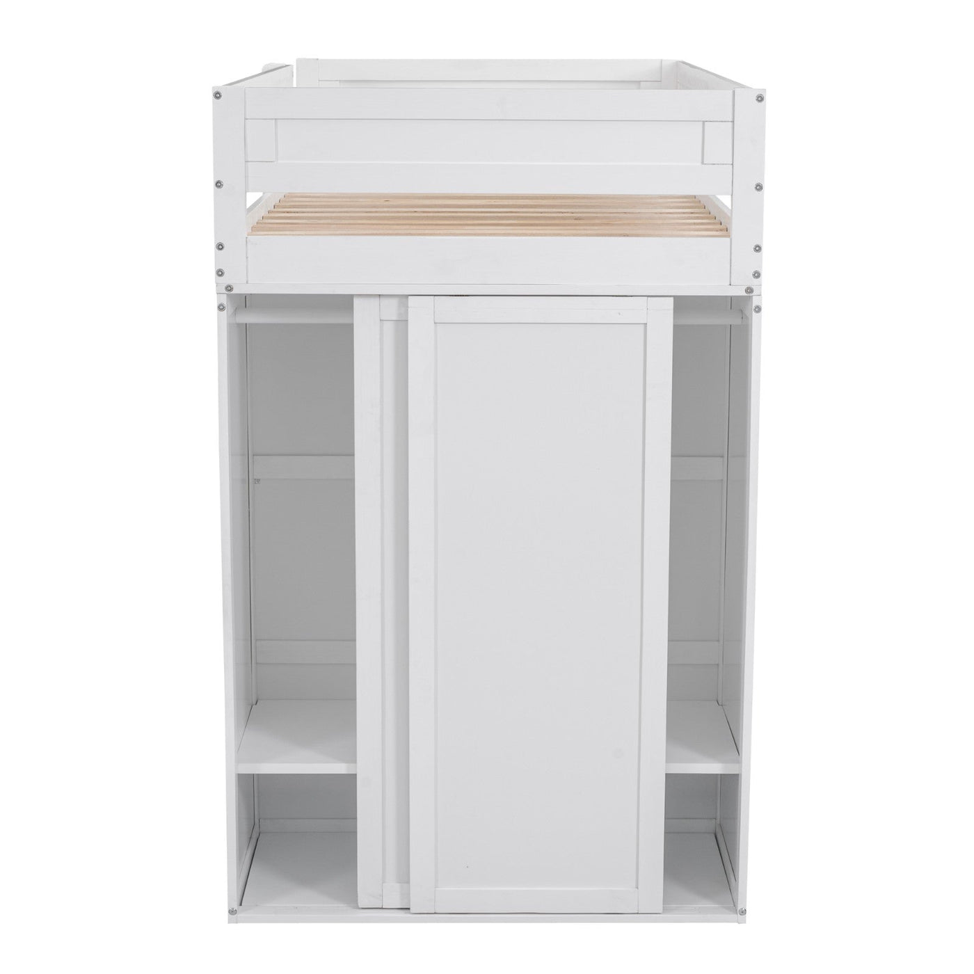Wood Twin Size Loft Bed With Wardrobes And Desk Cabinet Storage