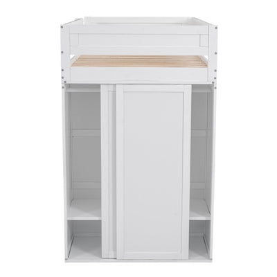 Wood Twin Size Loft Bed With Wardrobes And Desk Cabinet Storage