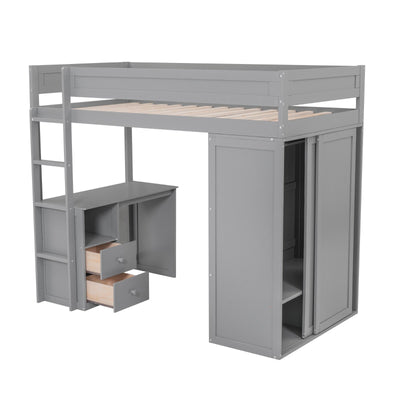 Wood Twin Size Loft Bed With Wardrobes And Desk Cabinet Storage
