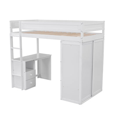 Wood Twin Size Loft Bed With Wardrobes And Desk Cabinet Storage