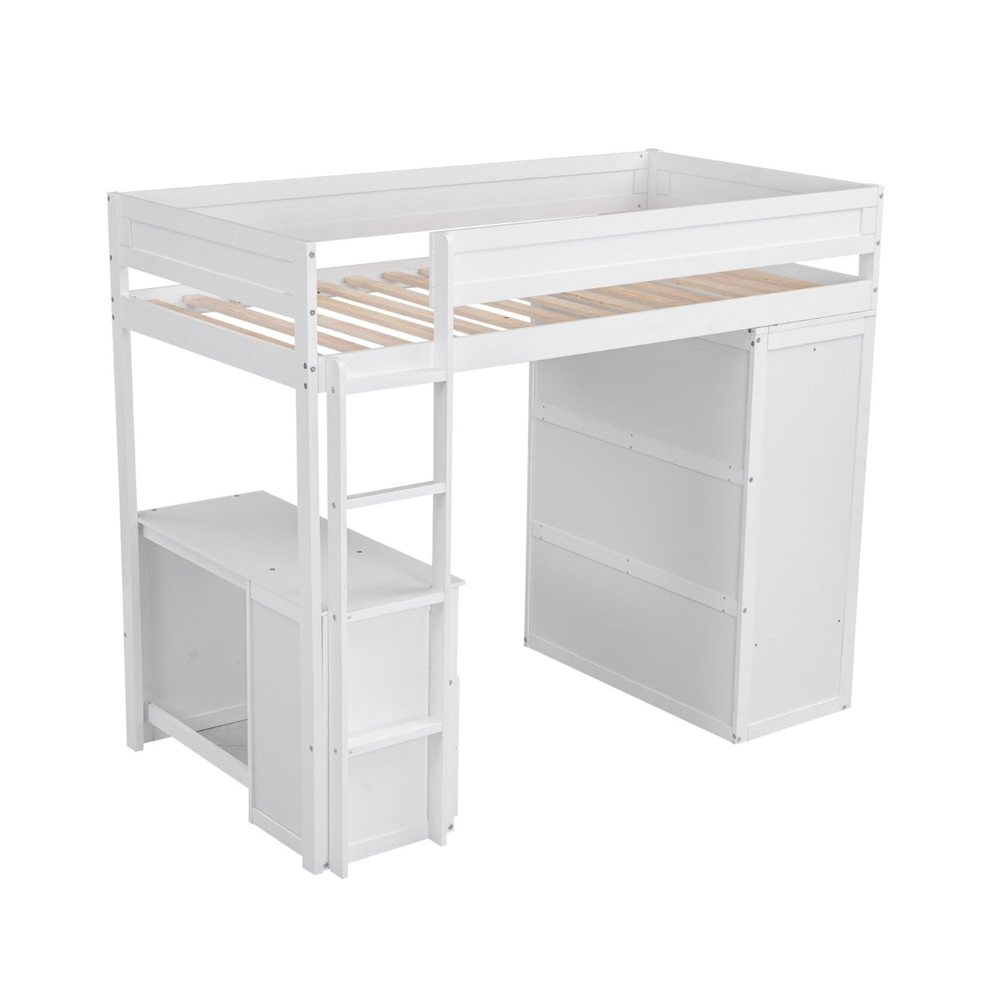 Wood Twin Size Loft Bed With Wardrobes And Desk Cabinet Storage