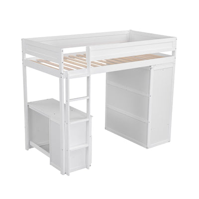 Wood Twin Size Loft Bed With Wardrobes And Desk Cabinet Storage