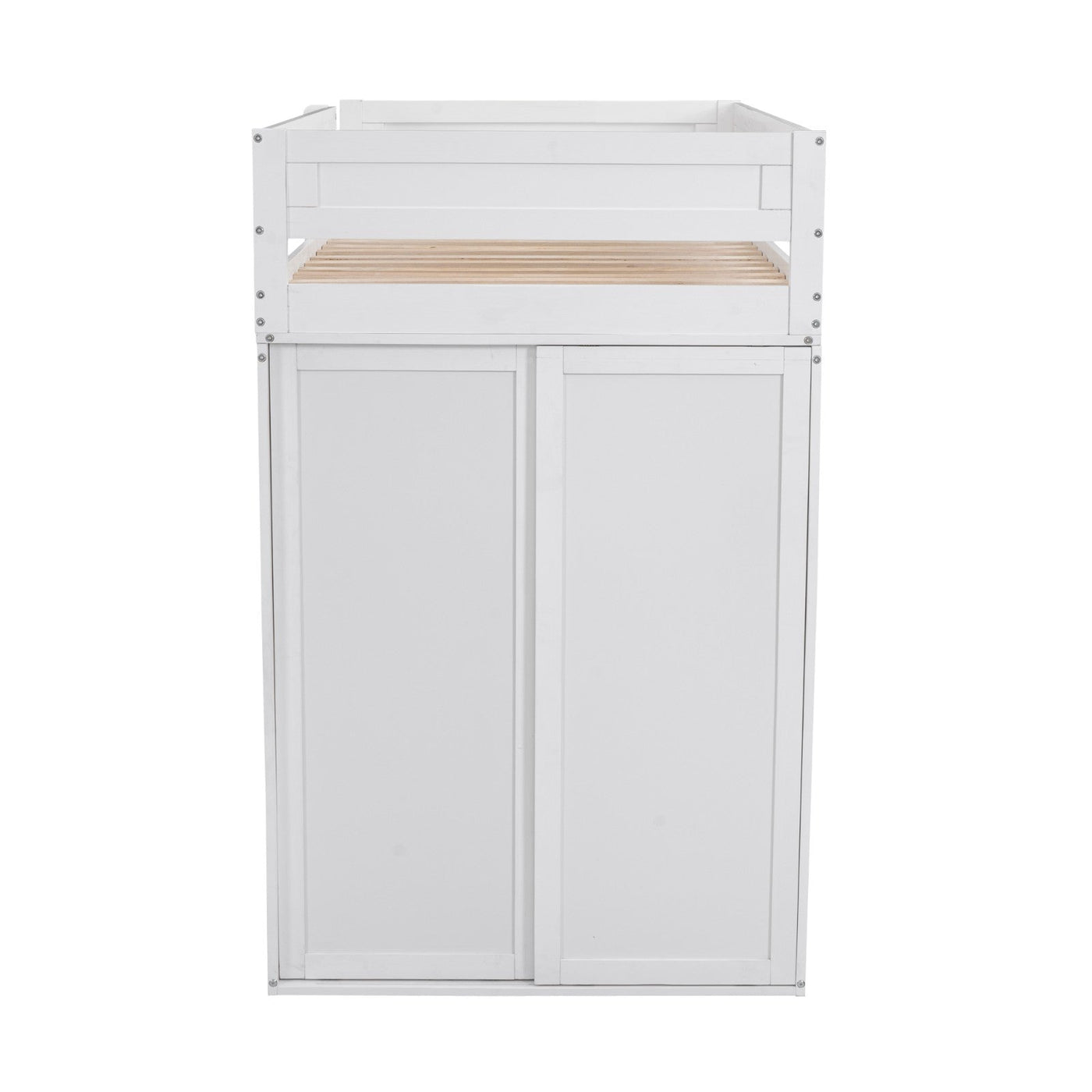 Wood Twin Size Loft Bed With Wardrobes And Desk Cabinet Storage