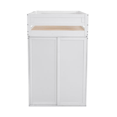 Wood Twin Size Loft Bed With Wardrobes And Desk Cabinet Storage