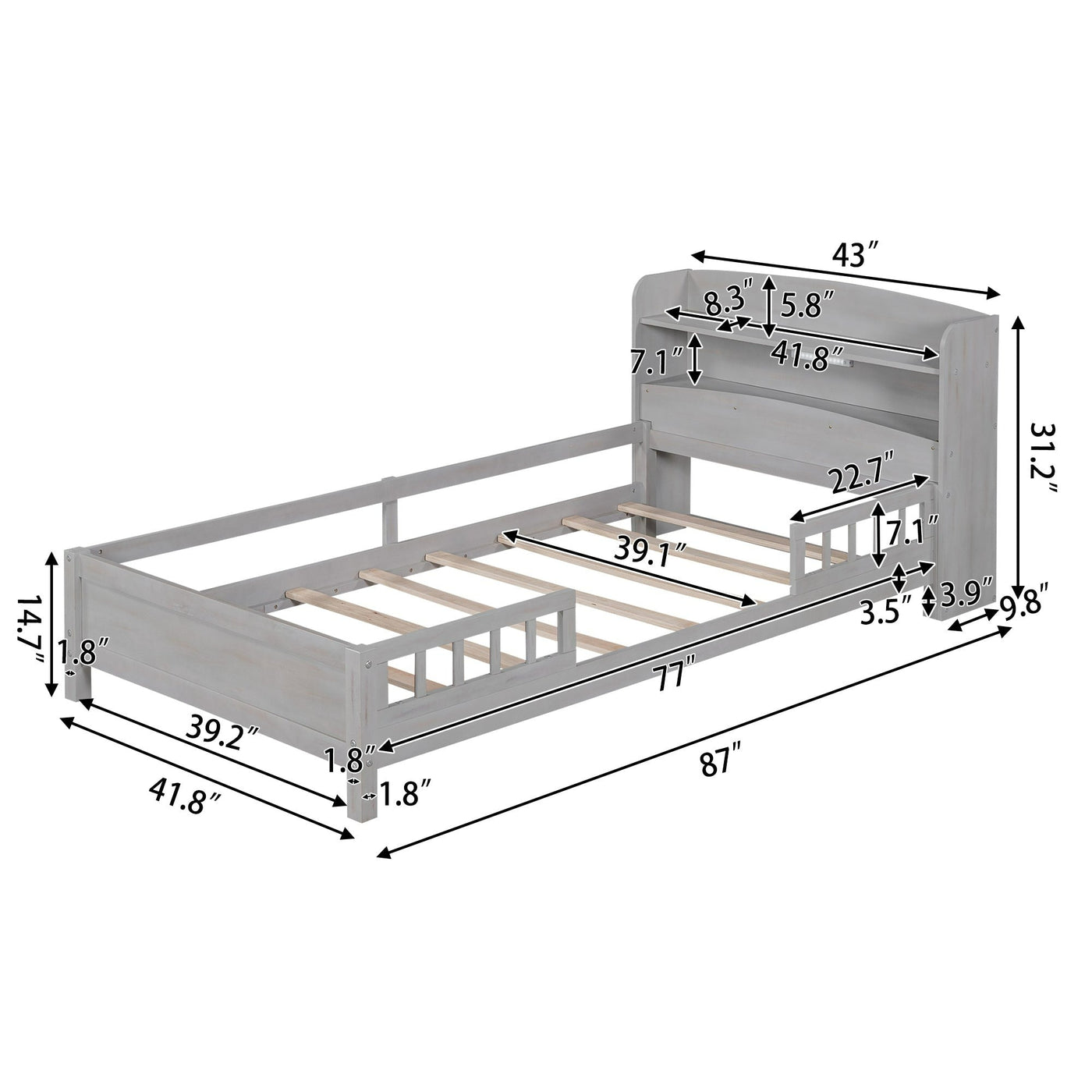 Twin Platform Bed With Storage Headboard LED Light And Guardrail