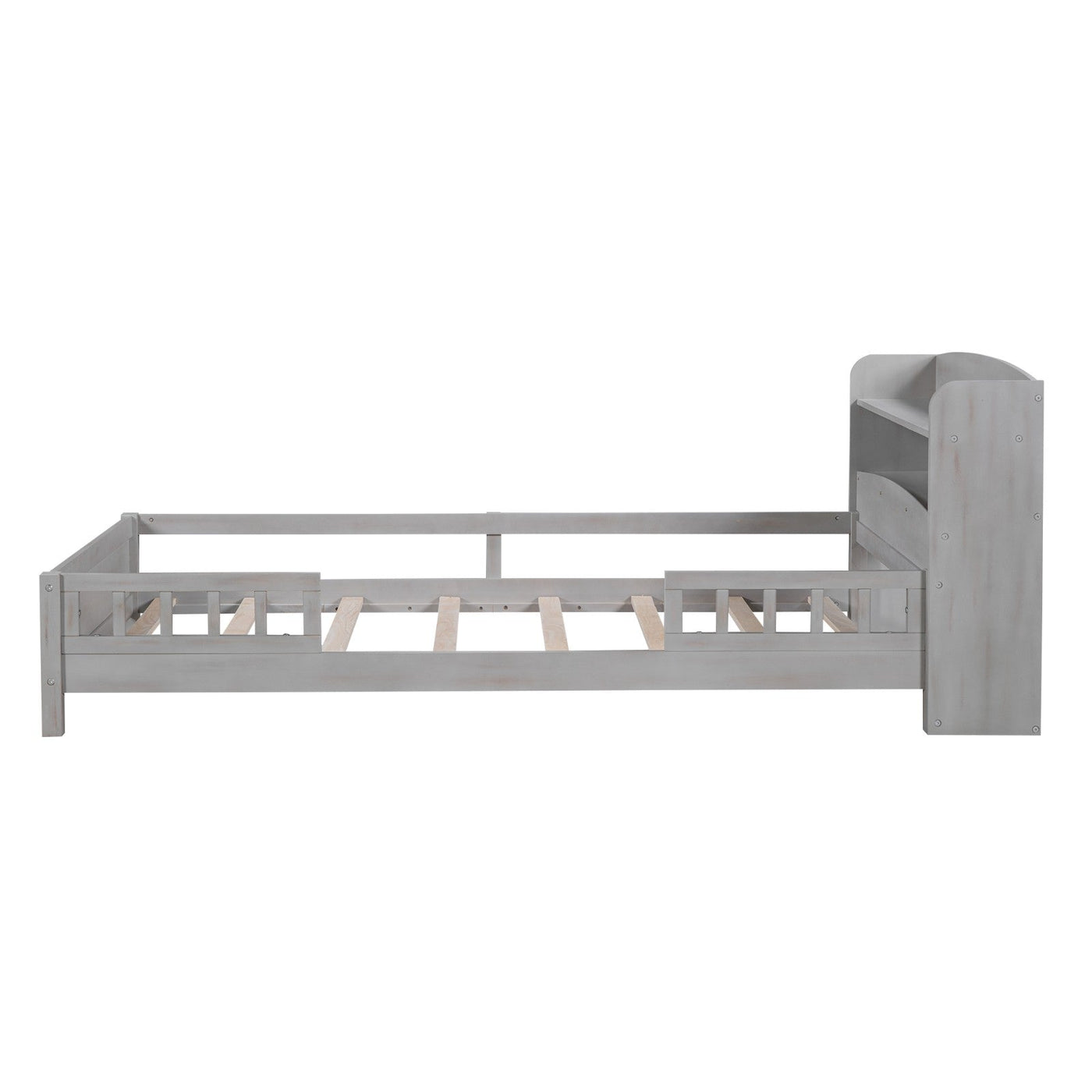 Twin Platform Bed With Storage Headboard LED Light And Guardrail