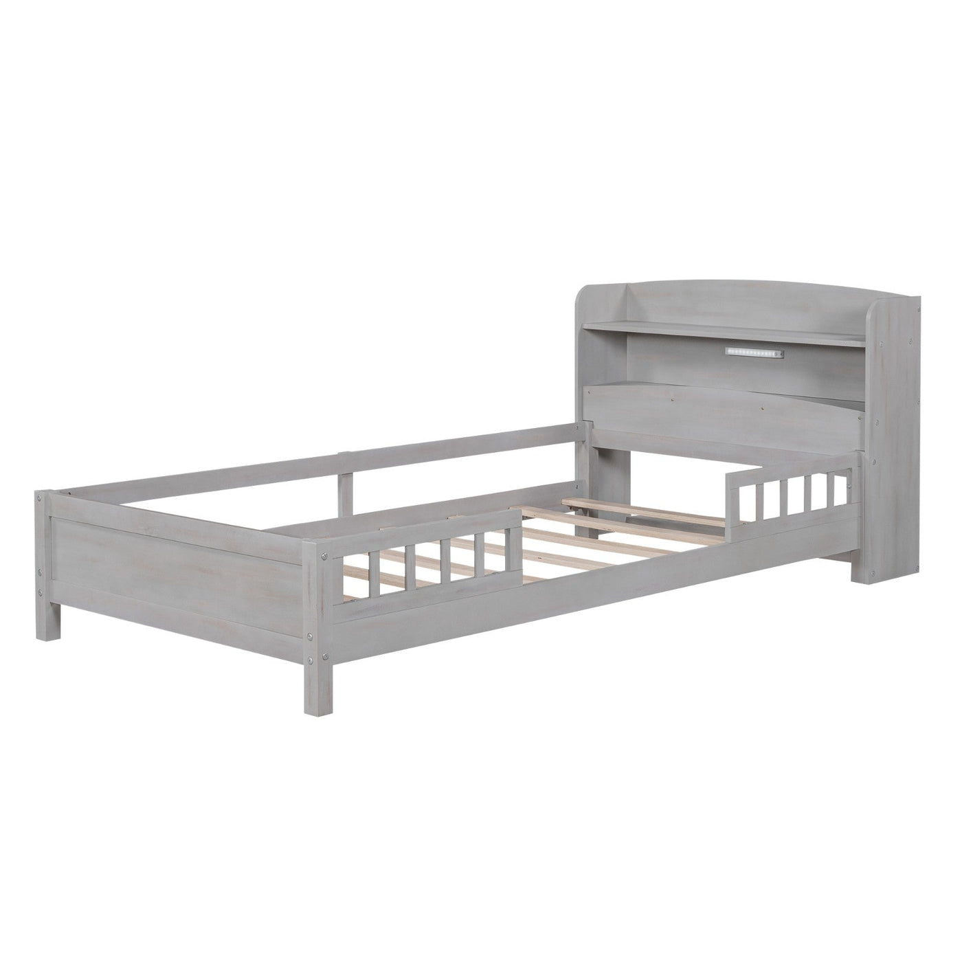 Twin Platform Bed With Storage Headboard LED Light And Guardrail