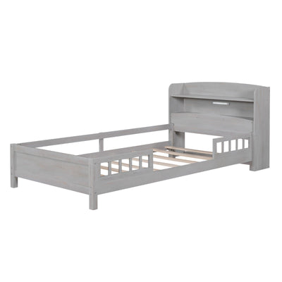 Twin Platform Bed With Storage Headboard LED Light And Guardrail